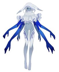 Rule 34 | 1girl, arms at sides, blue eyes, blue skin, capelet, colored skin, extra arms, full body, grey skin, highres, looking at viewer, monster girl, original, ruteko (ruko220), simple background, solo, thighhighs, white background, white capelet, white thighhighs