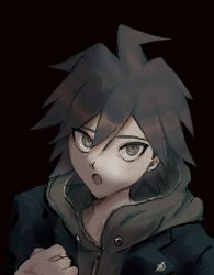 Rule 34 | 1boy, :o, absurdres, ahoge, black background, black jacket, brown eyes, brown hair, clenched hand, commentary request, danganronpa: trigger happy havoc, danganronpa (series), dark background, hair between eyes, hand up, highres, hood, hood down, jacket, looking at viewer, male focus, naegi makoto, open mouth, red eyes, sema (vivaviva 02), short hair, simple background, solo, spiked hair, upper body