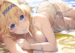 Rule 34 | 1girl, absurdres, beach, bikini, blonde hair, blue eyes, breasts, cleavage, flower, granblue fantasy, hair between eyes, hair flower, hair intakes, hair ornament, hairband, highres, jeanne d&#039;arc (granblue fantasy), kakage, long hair, looking at viewer, lying, medium breasts, mouth hold, on side, outdoors, parted lips, psd available, purple bikini, see-through, side-tie bikini bottom, solo, swimsuit, untied bikini