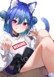Rule 34 | 1girl, animal ears, belt, black belt, black shorts, blue hair, blush, box, cat ears, cat girl, cat tail, commentary, double bun, earclip, feet out of frame, flat chest, green hair, grin, hair between eyes, hair bun, high-waist shorts, highres, in box, in container, kemonomimi mode, konkito, long bangs, long sleeves, looking at viewer, mole, mole under eye, multicolored hair, nanashi inc., official alternate costume, pink eyes, short hair, shorts, simple background, smile, solo, suzumi nemo, suzumi nemo (2nd costume), sweater, symbol-only commentary, tail, two-tone hair, virtual youtuber, white background, white sweater