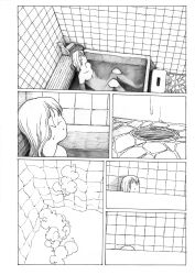 Rule 34 | 1girl, air bubble, bath, bathing, bathroom, bubble, collarbone, comic, commentary request, completely nude, facing away, greyscale, highres, indoors, knees up, long hair, monochrome, nude, original, partially submerged, refraction, shokugyo, tile wall, tiles, wet, wet hair