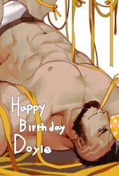 Rule 34 | 1boy, abs, bara, beard, black hair, blue eyes, briefs, bulge, character name, cyphers, damian doyle (cyphers), dark skin, dark-skinned male, english text, facial hair, gomtang, happy birthday, large pectorals, looking at viewer, male focus, male underwear, mature male, mohawk, muscular, muscular male, navel, navel hair, nipples, pectorals, short hair, smile, solo, stomach, underwear, underwear only, upside-down, white male underwear