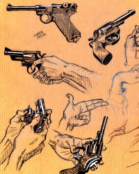 Rule 34 | amandajespersenholm, ballpoint pen (medium), commentary, disembodied limb, english commentary, finger gun, finger on trigger, fingernails, gun, hand focus, handgun, highres, holding, holding gun, holding weapon, light brown background, limited palette, lineart, long sleeves, luger p08, no humans, open cylinder (revolver), original, perspective, revolver, s&amp;w m10, sketch, smith &amp; wesson, smith &amp; wesson model 36, traditional media, variations, weapon, weapon focus, weapon name