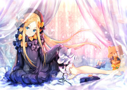 Rule 34 | 1girl, abigail williams (fate), barefoot, black dress, black hat, bloomers, blue eyes, bow, curtains, dress, fate/grand order, fate (series), hands in opposite sleeves, hat, long hair, looking at viewer, orange bow, orion (bear) (fate), parted bangs, polka dot, polka dot bow, shoes, stuffed animal, stuffed toy, suishougensou, teddy bear, underwear, unworn shoes, white bloomers