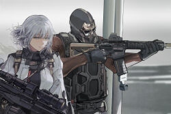 Rule 34 | 1girl, ai-assisted, assault rifle, black gloves, breasts, call of duty, call of duty: modern warfare 3, closed mouth, commentary, crossover, english commentary, gas mask, girls&#039; frontline, gloves, grey eyes, grey hair, gun, highres, holding, holding gun, holding weapon, johnny63129616, light machine gun, light smile, long sleeves, mask, medium breasts, rifle, rpk-16, rpk-16 (girls&#039; frontline), scope, short hair, tactical clothes, upper body, weapon