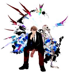 Rule 34 | 10s, 1boy, abstract, bad id, bad pixiv id, brown hair, flower, formal, hand on another&#039;s chin, hand on own chin, male focus, masaoka tomomi, mechanical arms, necktie, psychedelic, psycho-pass, rose, short hair, simple background, single mechanical arm, skeleton, solo, splotch, suit, torimura
