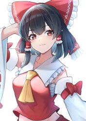 Rule 34 | 1girl, arm up, ascot, black hair, bloom, bow, breasts, detached sleeves, frilled bow, frills, hair bow, hair tubes, hakurei reimu, highres, large breasts, light smile, medium hair, midriff, red bow, sarashi, simple background, solo, tororokonbu (agumo555), touhou, upper body, white background, wide sleeves