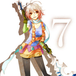 Rule 34 | 1girl, bad id, bad pixiv id, blue shirt, brown eyes, gloves, multicolored hair, pantyhose, pascal (tales), red hair, scarf, shirt, short shorts, shorts, solo, staff, tales of (series), tales of graces, three plates, two-tone hair, white background, white hair