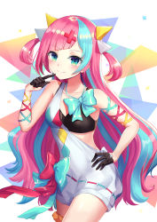 Rule 34 | 1girl, bad id, bad pixiv id, bare shoulders, black bra, black gloves, blue eyes, blue hair, blush, bra, breasts, closed mouth, commentary, dress, finger to mouth, gloves, hair ornament, half gloves, hand on own hip, highres, long hair, looking at viewer, multicolored hair, orange scrunchie, pink hair, pinky pop hepburn, revision, ribbon-trimmed dress, ribbon trim, scrunchie, seungju lee, small breasts, smile, solo, sports bra, the moon studio, thigh scrunchie, two-tone hair, underwear, very long hair, virtual youtuber, white background, white dress