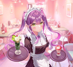 Rule 34 | 1girl, absurdres, alternate costume, apron, black dress, blush, cafe, chair, closed mouth, drawing (object), dress, earrings, enmaided, fang, frilled apron, frills, frown, green eyes, highres, holding, holding tray, hololive, indoors, jewelry, long hair, looking at viewer, maid, maid cafe, maid headdress, parfait, pian717, pointy ears, puffy short sleeves, puffy sleeves, purple hair, short sleeves, skin fang, solo, standing, table, tokoyami towa, tray, twintails, virtual youtuber, waist apron, waitress