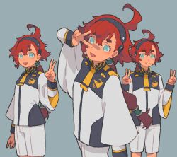 1girl ahoge aqua_eyes asticassia_school_uniform black_hairband breasts cowboy_shot dou_(mame_eee) double_v gold_trim gundam gundam_suisei_no_majo hair_between_eyes hair_tie hairband highres jacket long_sleeves looking_at_viewer low_ponytail multi-tied_hair multiple_views open_mouth ponytail school_uniform short_hair_with_long_locks shorts single_sidelock small_breasts smile standing suletta_mercury thick_eyebrows v white_jacket white_shorts