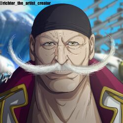 Rule 34 | 1boy, artist name, bandana, cape, closed mouth, commentary, edward newgate, english commentary, facial hair, highres, looking at viewer, male focus, mustache, one piece, profile, richter 524, signature, solo
