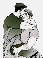 Rule 34 | 2boys, bara, chris redfield, closed eyes, closed mouth, couple, cucciolomax2022, greyscale, highres, hug, male focus, monochrome, multiple boys, muscular, muscular male, open mouth, pants, piers nivans, resident evil, resident evil 6, shirt, short hair, smile, yaoi