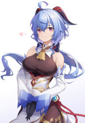 Rule 34 | ahoge, bare shoulders, bell, black gloves, black pantyhose, blue hair, bow, breasts, chinese knot, covered navel, detached sleeves, flower knot, ganyu (genshin impact), genshin impact, gloves, gold trim, heart, highres, horns, kurisu~tina, long hair, looking at viewer, low ponytail, medium breasts, neck bell, own hands together, pantyhose, purple eyes, sidelocks, smile, smug, solo, standing, tassel, thighlet, vision (genshin impact), white background, white sleeves