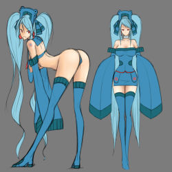 Rule 34 | 1girl, aqua hair, ass, bare shoulders, bent over, breasts, bronzong, creatures (company), detached sleeves, emukon, game freak, gen 4 pokemon, long hair, long sleeves, nintendo, nipples, personification, pokemon, red eyes, silver hair, simple background, smile, thighhighs, twintails, very long hair