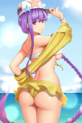Rule 34 | 10s, 1girl, arm up, ass, back, bare legs, bare shoulders, baseball cap, bb (fate), bb (fate) (all), bb (swimsuit mooncancer) (fate), bb (swimsuit mooncancer) (first ascension) (fate), beach, braid, breasts, butt crack, cleavage, commentary request, cropped jacket, curvy, day, dydydyok, fate/extra, fate/extra ccc, fate/grand order, fate (series), hat, head tilt, highres, jacket, large breasts, light purple hair, long hair, looking at viewer, ocean, purple eyes, sideboob, skirt, sky, solo, star (symbol), swimsuit, underboob, yellow jacket, yellow skirt