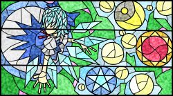 Rule 34 | 1girl, bad id, bad pixiv id, cirno, crescent moon, faux traditional media, highres, koutyousan, moon, stained glass, star (symbol), sun, touhou