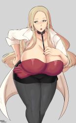 Rule 34 | 1girl, absurdres, aqua eyes, black nails, blonde hair, breasts, cleavage, creatures (company), curvy, erovsaaaka, game freak, highres, huge breasts, leaning forward, long hair, nail polish, nintendo, oleana (pokemon), pantyhose, pokemon, pokemon swsh, solo, standing, thick thighs, thighs, wide hips