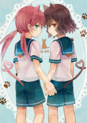Rule 34 | 2boys, :o, animal ears, aqua eyes, barufoa, brown eyes, brown hair, cat, cat day, cat ears, cat tail, child, dated, from behind, holding hands, heart, heart tail, inazuma eleven (series), inazuma eleven go, kemonomimi mode, kirino ranmaru, long hair, looking back, male focus, multiple boys, paw print, pink hair, sailor collar, shindou takuto, shorts, silhouette, tail, twintails, yaoi