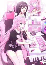 Rule 34 | 2girls, absurdres, arm up, black hair, blue eyes, bracelet, chair, computer, eyewear on head, gaming chair, glasses, hair between eyes, headphones, heart, highres, holding, holding paper, instrument, interior, itogari, jewelry, keyboard (computer), keyboard (instrument), long hair, looking at screen, master (vocaloid), megurine luka, mouse (computer), multiple girls, nail polish, one eye closed, open mouth, paper, pink hair, pink thighhighs, poster (object), print shirt, purple eyes, shelf, shirt, shorts, sitting, smile, speaker, standing, stylus, swivel chair, takoluka, thighhighs, thighs, very long hair, vocaloid, white shirt