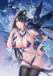 Rule 34 | 1girl, absurdres, animal, animal on shoulder, armpits, atdan, bare shoulders, bikini, bird, bird on shoulder, black hair, blue eyes, breasts, cleavage, contrapposto, cowboy shot, crow, flower, hand on own hip, hand up, heiyaya (atdan), highres, large breasts, long hair, looking at viewer, navel, original, parted lips, purple bikini, revision, rose, solo, standing, stomach, string bikini, swimsuit, thighhighs, thighs, very long hair, white flower