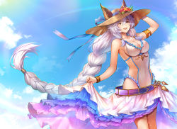 Rule 34 | 1girl, animal ears, armlet, artist request, bad id, bad pixiv id, bare shoulders, belt, blue ribbon, blue sky, blush, bracelet, braid, breasts, brown eyes, cleavage, clothes lift, collarbone, covered navel, day, ears through headwear, erune, flower, granblue fantasy, hair between eyes, hair tubes, hat, hat flower, heles, heles (summer) (granblue fantasy), hibiscus, hip focus, jewelry, large breasts, long hair, looking at viewer, low-tied long hair, navel, one-piece swimsuit, open mouth, outdoors, ribbon, sarong, sarong lift, sengen (avkv8442), sidelocks, silver hair, single braid, sky, smile, solo, straw hat, sun hat, sunlight, swimsuit, thighs, very long hair, white one-piece swimsuit