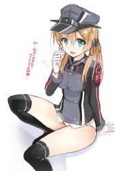 Rule 34 | 10s, 1girl, aldehyde, anchor hair ornament, arm support, blonde hair, blush, flying sweatdrops, gloves, hair ornament, hat, highres, kantai collection, leg up, long hair, long sleeves, looking at viewer, md5 mismatch, military, military uniform, no pants, open mouth, panties, peaked cap, prinz eugen (kancolle), resolution mismatch, simple background, sitting, sketch, skirt, solo, source larger, thighhighs, thighs, translation request, twintails, underwear, uniform, white gloves, white panties