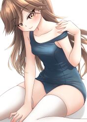 Rule 34 | 1girl, absurdres, alternate costume, alternate legwear, arashio (kancolle), blue one-piece swimsuit, blush, breasts, brown eyes, brown hair, collarbone, highres, kantai collection, long hair, looking at viewer, makura (y makura), one-piece swimsuit, school swimsuit, simple background, sitting, small breasts, smile, solo, swimsuit, thighhighs, undressing, wariza, white background, white thighhighs