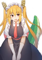 Rule 34 | 10s, 1girl, blonde hair, blurry, breasts, depth of field, dragon girl, dragon tail, fang, gloves, horns, kobayashi-san chi no maidragon, large breasts, large tail, leaning forward, long hair, looking at viewer, maid, maid headdress, necktie, puffy short sleeves, puffy sleeves, red eyes, short sleeves, solo, tail, tilt-shift (azalanz), tohru (maidragon), twintails, v arms, very long hair, white gloves