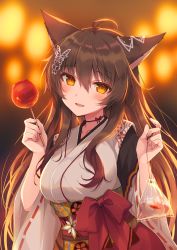 Rule 34 | 1girl, :d, ahoge, animal ears, bag, bagged fish, blurry, blurry background, blush, bow, brown hair, butterfly hair ornament, candy apple, choker, commentary request, depth of field, fish, food, fox ears, fox girl, fumi (nijisanji), hair ornament, highres, holding, holding food, japanese clothes, kimono, long hair, long sleeves, looking at viewer, nijisanji, nikyuppa, obi, open mouth, orange eyes, red bow, red choker, red ribbon, ribbon, ribbon-trimmed sleeves, ribbon choker, ribbon trim, sash, smile, solo, upper body, very long hair, virtual youtuber, white kimono, wide sleeves