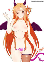 Rule 34 | 1girl, asuna (sao), breasts, censored, demon girl, fake horns, fake tail, fake wings, female focus, ginko (silver fox), heart, horns, large breasts, long hair, looking at viewer, navel, nipples, nude, one eye closed, one side up, orange eyes, orange hair, parted lips, pubic tattoo, pussy juice, simple background, single thighhigh, solo, standing, sword art online, tail, tattoo, thighhighs, watermark, web address, white background, wings