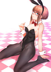 Rule 34 | 1girl, animal ears, areola slip, arm support, bad id, bad pixiv id, bare arms, bare shoulders, black leotard, black pantyhose, blue eyes, blush, bow, bowtie, breasts, checkered floor, closed mouth, collarbone, covered navel, detached collar, fake animal ears, fake tail, feet, glasses, hairband, highres, kyuuso inukami, leaning back, leotard, original, pantyhose, playboy bunny, rabbit ears, rabbit tail, red-framed eyewear, red bow, red bowtie, red hair, shiny skin, sidelocks, simple background, sitting, small breasts, smile, solo, spread legs, tail, wariza, white background, wrist cuffs