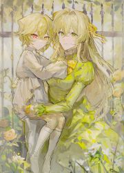 Rule 34 | 1boy, 1girl, :/, ada vessalius, aged down, blonde hair, bow, bowtie, carrying, child, child carry, crossed bangs, dress, feet out of frame, fence, flower, green dress, green eyes, hair between eyes, hair intakes, hair ribbon, heterochromia, highres, juliet sleeves, long hair, long sleeves, longxixi4, looking at viewer, orange flower, orange rose, pandora hearts, puffy sleeves, red eyes, ribbon, rose, shirt, short hair, smile, socks, tears, vincent nightray, white flower, white footwear, white legwear, white shirt, yellow bow, yellow bowtie, yellow eyes, yellow ribbon