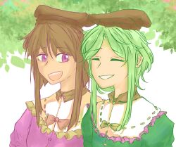 Rule 34 | 2girls, bow, brown hair, brown hat, closed eyes, dress, green dress, green hair, hair between eyes, hakuma (hakuma okyk), hat, highres, leaf, leaf background, looking at another, multiple girls, nishida satono, nose, open mouth, pink dress, purple eyes, shaded face, short hair with long locks, short sleeves, signature, simple background, smile, teeth, teireida mai, touhou, upper body, upper teeth only, white background, yuri