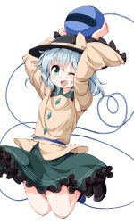 Rule 34 | 1girl, arms up, bad id, bad twitter id, blouse, blush, boots, frilled skirt, frills, full body, green eyes, green hair, green skirt, hair between eyes, hat, hat ribbon, knee boots, komeiji koishi, long sleeves, looking at viewer, matching hair/eyes, one eye closed, open mouth, ribbon, ruu (tksymkw), shirt, short hair, simple background, skirt, skirt set, smile, solo, string, third eye, touhou, white background, wide sleeves