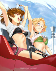 Rule 34 | 2girls, ahoge, amusement park, arm up, arms up, black bra, black choker, blonde hair, blue sky, bra, breasts, brooke (mleth), brown hair, choker, commentary, english commentary, floating hair, green bra, happy, highres, linea alba, medium breasts, medium hair, mleth, multiple girls, open mouth, original, outdoors, paid reward available, petite, purple shorts, roller coaster, scared, short hair, shorts, shouting, sitting, sky, small breasts, stina (mleth), toned, underwear, wardrobe malfunction, wind, wind lift