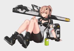 Rule 34 | 1girl, bad id, bad pixiv id, bandaid, bandaid on knee, bandaid on leg, bike shorts, breasts, brown eyes, brown hair, cancell, cleavage, fingerless gloves, gloves, hair ornament, hairclip, looking at viewer, magnetic weapon, original, ponytail, railgun, short hair, simple background, solo