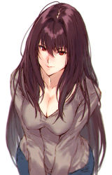 Rule 34 | 1girl, breasts, brown hair, cleavage, closed mouth, collarbone, covered erect nipples, denim, fate/grand order, fate (series), hair between eyes, jeans, large breasts, leaning forward, lips, long hair, long sleeves, looking at viewer, makimura shunsuke, pants, red eyes, scathach (fate), simple background, smile, solo, very long hair, white background