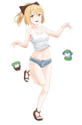 Rule 34 | 3girls, backpack, bag, bare legs, bare shoulders, blonde hair, blue hair, blue shorts, bow, breasts, bucket, casual, chibi, collarbone, crop top, closed eyes, green hair, groin, hair between eyes, hair bobbles, hair bow, hair ornament, hands up, hat, highres, in bucket, in container, kawashiro nitori, kisume, kurodani yamame, leg up, legs, looking at viewer, midriff, multiple girls, navel, nise (  nise6  ), ponytail, short hair, short shorts, shorts, simple background, sleeveless, smile, standing, standing on one leg, thigh gap, touhou, two side up, white background