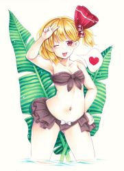 Rule 34 | 1girl, bare shoulders, bikini, black bikini, blonde hair, breasts, cleavage, collarbone, contrapposto, cowboy shot, gluteal fold, hair ribbon, hand on own hip, heart, midriff, navel, nemonadi, one eye closed, red eyes, red ribbon, ribbon, rumia, short hair, simple background, stomach, swimsuit, tongue, tongue out, touhou, traditional media, v