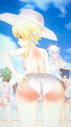 Rule 34 | 4girls, artist request, ass, bare shoulders, barefoot, beach, bikini, blonde hair, blue hair, blush, breasts, butt crack, cameltoe, embarrassed, feather hair ornament, flower, from behind, fundoshi, genshin impact, green hair, hair ornament, halo, hat, highres, japanese clothes, kuki shinobu, leaning, leaning forward, long hair, looking back, looking down, lumine (genshin impact), multiple boys, multiple girls, one-piece swimsuit, open mouth, orange eyes, paimon (genshin impact), ponytail, rope, shimenawa, shiny skin, short hair, short hair with long locks, sideboob, skirt, swimsuit, yelan (genshin impact)
