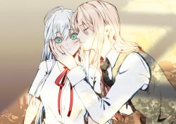 1boy 1girl bedge blonde_hair blue_eyes blush brown_vest closed_eyes closed_mouth collared_shirt degrees_of_lewdity hair_down hand_on_another&#039;s_cheek hand_on_another&#039;s_face hetero kiss kissing_cheek long_hair looking_at_viewer neck_ribbon player_character_(degrees_of_lewdity) red_ribbon ribbon shirt sydney_(degrees_of_lewdity) sydney_(male)_(degrees_of_lewdity) vest white_hair white_shirt