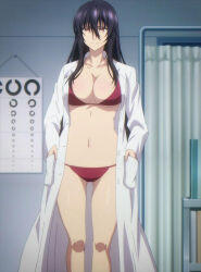 Rule 34 | 1girl, bikini, black hair, breasts, cleavage, coat, collarbone, lab coat, large breasts, legs, looking at viewer, magatoki kato, navel, open clothes, open coat, red bikini, red eyes, screencap, seductive smile, smile, solo, stitched, strike the blood, swimsuit, thighs, third-party edit, underboob