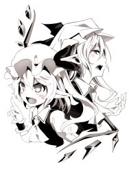 Rule 34 | 2girls, :d, ascot, asutora, blush, commentary request, cropped torso, crystal, fang, flandre scarlet, from side, greyscale, hair between eyes, hat, hat ribbon, highres, index finger raised, long hair, looking at viewer, looking up, mob cap, monochrome, multiple girls, one side up, open mouth, pointy ears, profile, puffy short sleeves, puffy sleeves, remilia scarlet, ribbon, shirt, short hair, short sleeves, siblings, simple background, sisters, smile, spot color, touhou, upper body, vest, white background, wing collar, wings, wrist cuffs