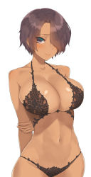 Rule 34 | 1girl, arms behind back, bra, breasts, brown hair, cleavage, closed mouth, commentary, commission, cowboy shot, dark-skinned female, dark skin, hair over one eye, highres, lace, lace bra, lace panties, large breasts, mole, mole under mouth, original, panties, purple eyes, short hair, solo, throtem, underwear, white background