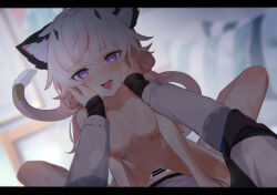 Rule 34 | 1boy, 1girl, absurdres, animal ear fluff, animal ears, bar censor, blurry, blurry background, blush, breasts, cat ears, cat girl, cat tail, censored, clothed male nude female, cowgirl position, girl on top, hands on another&#039;s cheeks, hands on another&#039;s face, hetero, highres, letterboxed, long hair, looking at viewer, medium breasts, nipples, nude, open mouth, original, penis, pink hair, pov, purple eyes, sex, straddling, tail, vaginal, wangmon