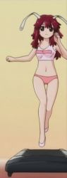 Rule 34 | 1girl, animated, animated gif, blush, bouncing breasts, bra, breasts, clenched hands, exercising, fight ippatsu! juuden-chan!!, gif artifacts, gradient background, hair ornament, happy, legs, light smile, long hair, long legs, looking at viewer, navel, non-web source, panties, pink panties, plug cryostat, ponytail, red eyes, red hair, running, shoes, sidelocks, small breasts, smile, solo, sports bra, thigh gap, underwear, underwear only, white bra, yellow background