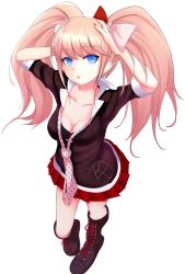 Rule 34 | 10s, 1girl, blue eyes, breasts, cleavage, danganronpa (series), enoshima junko, extraction, full body, hair ribbon, highres, light brown hair, medium breasts, necktie, ribbon, skirt, solo, transparent background, twintails