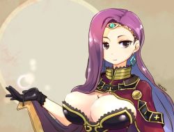 Rule 34 | 1girl, artist name, bad id, bad twitter id, black gloves, breasts, cleavage, closed mouth, earrings, fire emblem, fire emblem echoes: shadows of valentia, gloves, jewelry, large breasts, long hair, nintendo, purple eyes, purple hair, sksk7r, smile, solo, sonya (fire emblem), tiara