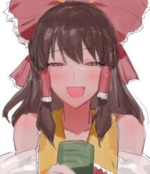 Rule 34 | 1girl, :d, blush, bow, brown hair, collared shirt, commentary request, cookie (touhou), cup, detached sleeves, frilled bow, frilled hair tubes, frilled shirt collar, frills, hair bow, hair tubes, hakurei reimu, half-closed eyes, kebabu 01, long hair, looking at viewer, medium bangs, open mouth, red bow, red eyes, reu (cookie), shirt, sidelocks, simple background, smile, solo, touhou, upper body, white background, white sleeves, yunomi